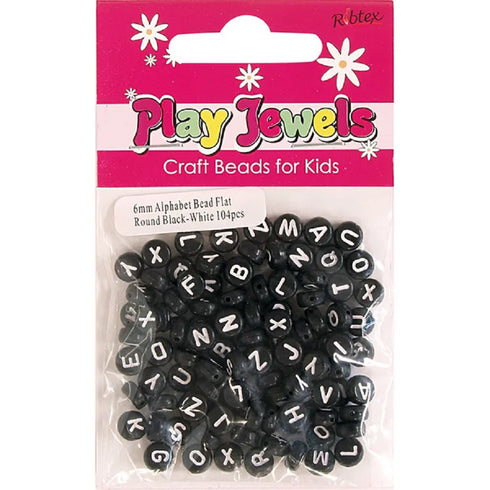 6mm Black Colour Flat Round Alphabet Beads